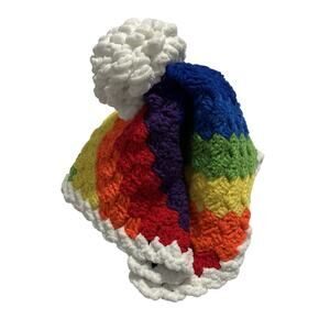 Handmade Rainbow-Themed Crocheted Blanket Lovey Chunky with Pom Pom